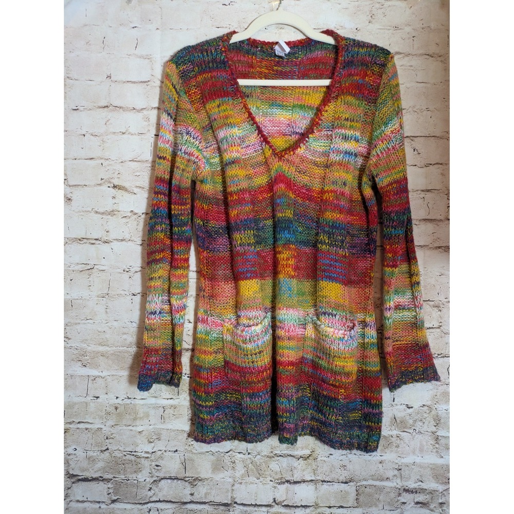 Bobbie Brooks Rainbow Sweater Women's Large Colorful Knit Pullover Pockets Artsy